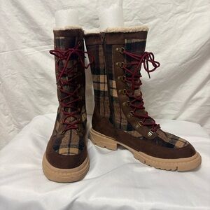 Hayleigh Lace-Up Winter Boots in a brown plaid pattern.